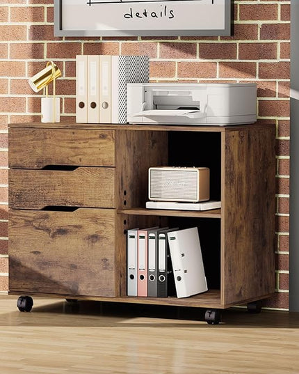 Sweetcrispy 3-Drawer File Cabinet, Lateral Mobile Filing Cabinet Wood Under Desk Storage Organizer with Wheels, Printer Stand & Open Shelves for Home Office Organization - Rustic Brown - LeafyLoom