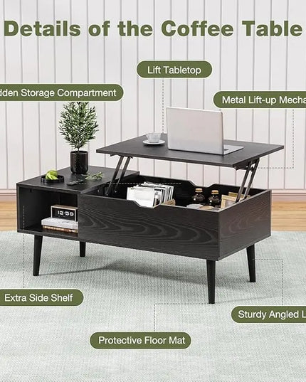 OLIXIS Modern Lift Top Coffee Table Wooden Furniture with Storage Shelf and Hidden Compartment for Living Room Office, Black - LeafyLoom