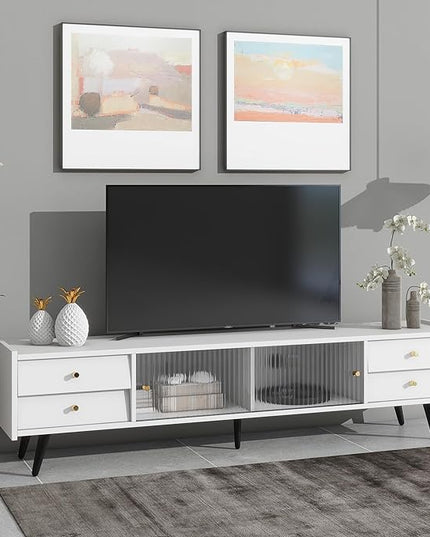 Merax Contemporary TV Stand with Sliding Fluted Glass Doors and Golden Metal Handles, Slanted Drawers Media Console for Television Up to 70", Chic Elegant Storage Cabinet, 66.9" Length, White - LeafyLoom