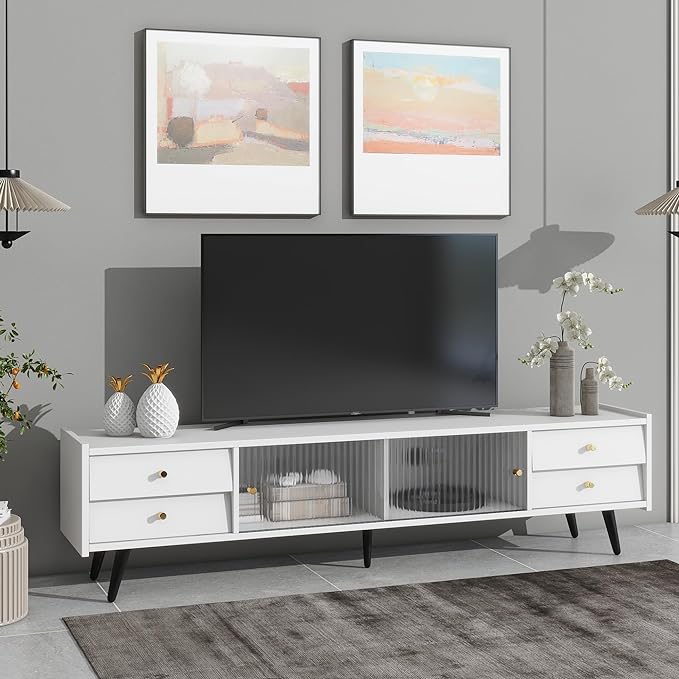 Merax Contemporary TV Stand with Sliding Fluted Glass Doors and Golden Metal Handles, Slanted Drawers Media Console for Television Up to 70", Chic Elegant Storage Cabinet, 66.9" Length, White - LeafyLoom
