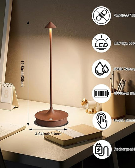 Cordless Table Lamps Rechargeable, LED Desk Lamp 4000mAh Battery Operated Outdoor Waterproof Portable Touch Dimmable Table Light for Patio/Restaurant/Bar/Indoor (Brown-2PC) - LeafyLoom