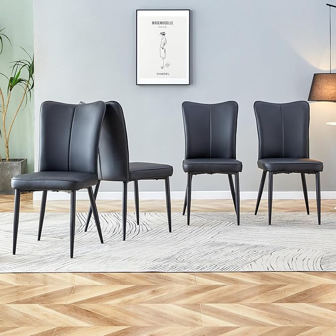 Modern Dining Chairs Set of 4, PU Leather Seat Cushions Black Dining Room Chair, with Black Metal Legs Kitchen Chair for Home Living Room, Restaurant, Black Chair Black Legs - LeafyLoom