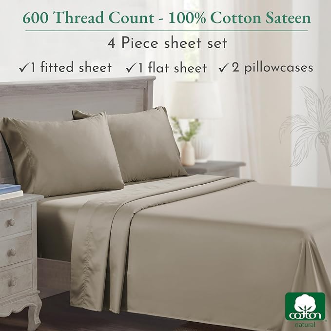California Design Den California King Sheet Set - 100% Cotton, 600 Thread Count Deep Pocket Cal King Sheet Set, Luxury Soft Hotel-Quality Sheets with Sateen Weave - Taupe - LeafyLoom