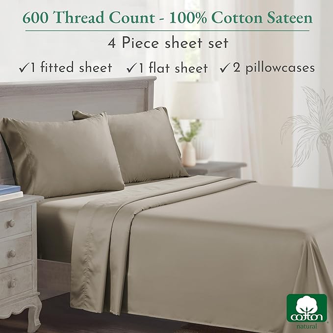 California Design Den - Luxury Full Size Sheet Set - 100% Cotton, 600 Thread Count Deep Pocket Full Size Bed Sheets, Hotel-Quality Cooling Sheets with Sateen Weave - Taupe - LeafyLoom