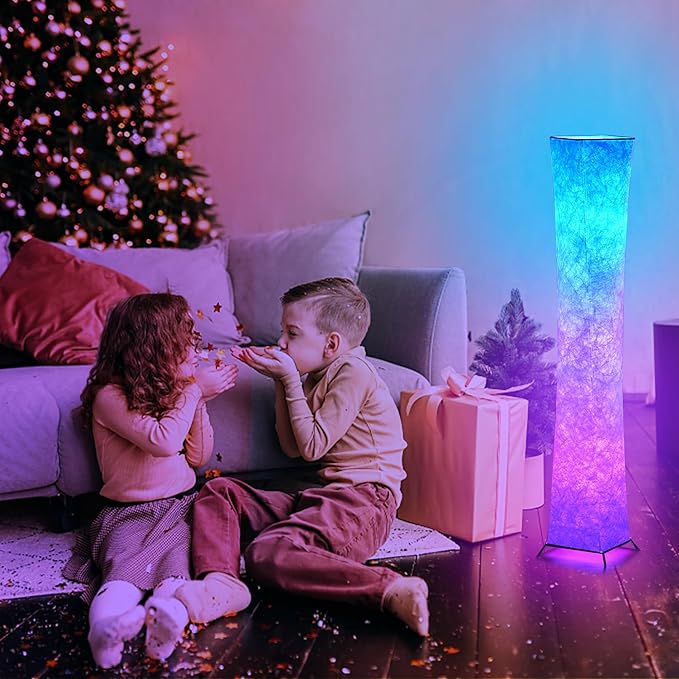 chiphy Floor Lamp, RGB 52'' Standing Lamps, 7 Colors Changing and Dimmable LED Bulbs, Remote Control and White Fabric Shade, Modern for Bedroom, Living Room and Play Room - LeafyLoom