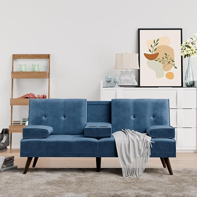 Shintenchi Futon Sofa Bed, Convertible Couch Bed Loveseat, Modern Futon Recliner Sleeper, Small Lazy Futon Set for Living Room, Office, Apartment, Blue - LeafyLoom