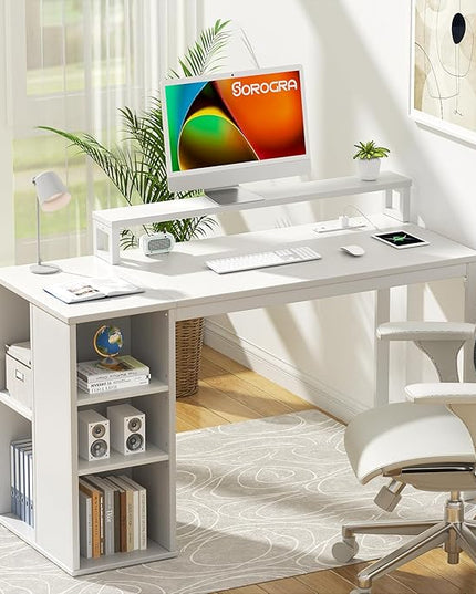 White Computer Desk with LED Lights and Power Outlets 39.4 inch Home Office Desk with Storage Shelves, Small Writing Desk with Monitor Stand for Bedroom, Workstation - LeafyLoom