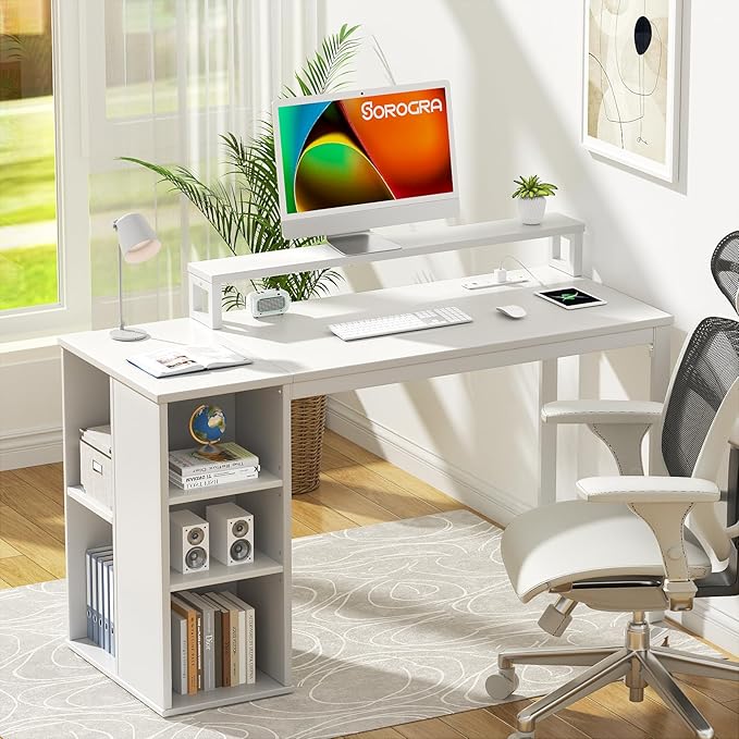 White Computer Desk with LED Lights and Power Outlets 47 inch Home Office Desk with Storage Shelves, Small Writing Desk with Monitor Stand for Bedroom, Workstation - LeafyLoom