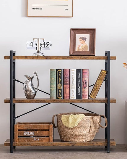 HCHQHS Bookshelf, 3-Tier Industrial Bookcase, Rustic Open Book Shelf, Wood and Metal Horizontal Bookshelves - LeafyLoom