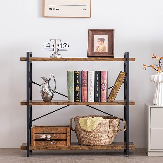 HCHQHS Bookshelf, 3-Tier Industrial Bookcase, Rustic Open Book Shelf, Wood and Metal Horizontal Bookshelves - LeafyLoom