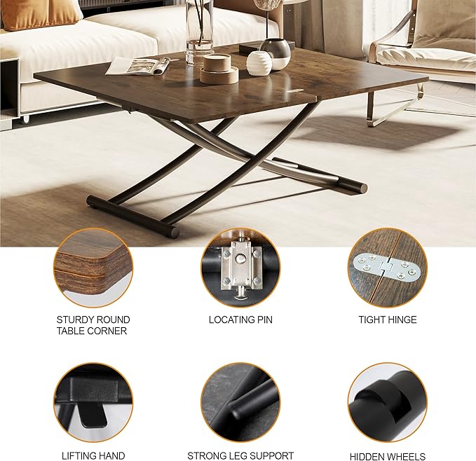 Multifunctional Folding Dining Table, Height Adjustable Lift Top Coffee Transformer Table with Metal legs for Space Saving Living Room Kitchen Tea, Brown - LeafyLoom