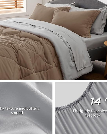 Bedsure Brown Queen Comforter Set - 7 Pieces Reversible Queen Bed in a Bag, Queen Bed Set Brown and Grey with Comforters, Sheets, Pillowcases & Shams - LeafyLoom
