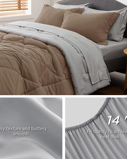 Bedsure Brown Twin Comforter Set - 5 Pieces Reversible Twin Bed in a Bag, Extra Long Twin Bed Set Brown and Grey with Comforters, Sheets, Pillowcase & Sham - LeafyLoom
