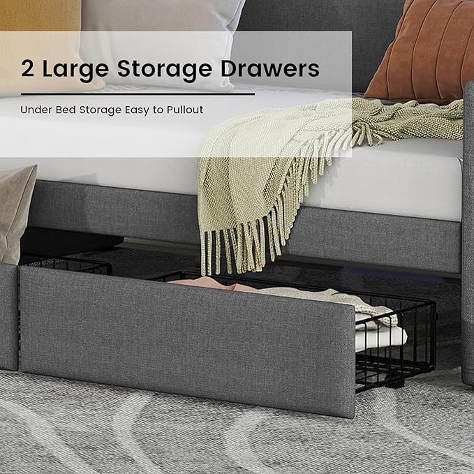 Twin Size Daybed with 2 Storage Drawers, Upholstered Day Bed Frame with Charging Station and LED Lights, Linen Sofa Beds for Living Room, Bedroom, Gray - LeafyLoom