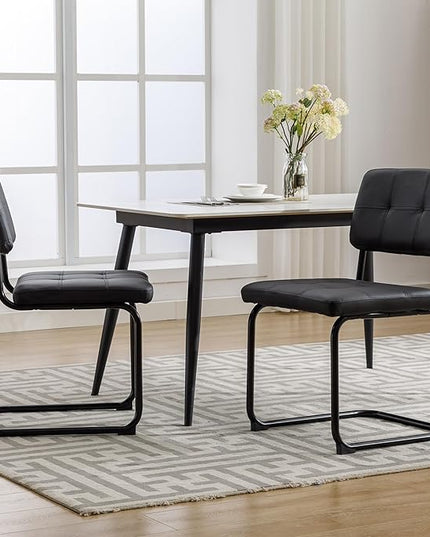 Forevich Mid Century Modern Dining Chairs Set of 2, Leather Kitchen Dining Room Side Chairs Upholstered Armless Accent Chairs with Metal Chrome Legs for Living Room, Bedroom Black - LeafyLoom