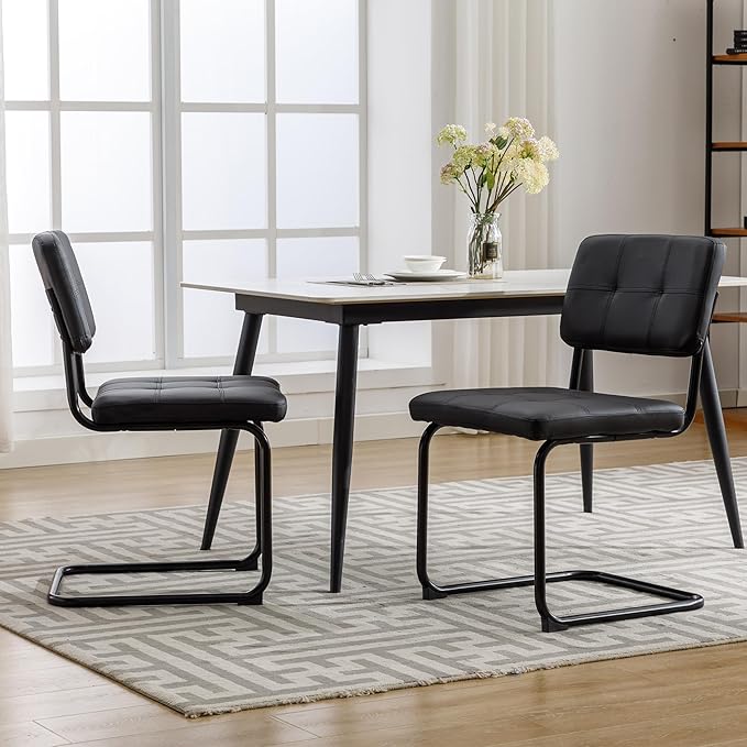 Forevich Mid Century Modern Dining Chairs Set of 2, Leather Kitchen Dining Room Side Chairs Upholstered Armless Accent Chairs with Metal Chrome Legs for Living Room, Bedroom Black - LeafyLoom