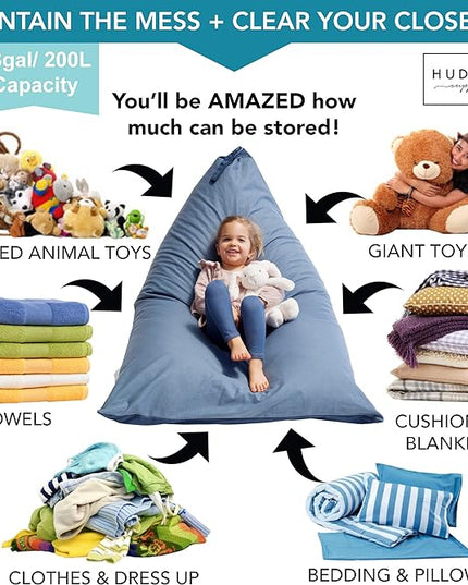 Stuffed Animal Bean Bag Storage - Machine Washable Bean Bag Chair for Kids - Extra Large Cover for Stuffing with Plush Toys, Pillows, Soft Items - Stuffed Animal Holder for Boys & Girls - Blue Denim - LeafyLoom