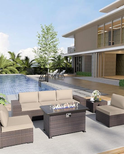 Patio Furniture Sectional Sofa Set 7-Pieces PE Rattan Patio Conversation Set w/43in Gas Fire Pit Table, Outdoor Furniture with 55000 BTU Propane Fire Pit, Sand - LeafyLoom