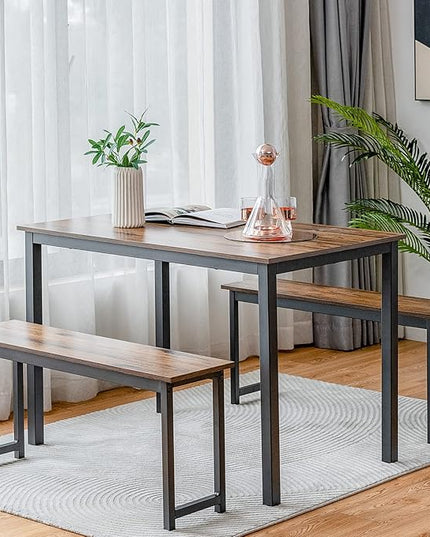 KOTEK Dining Table Set for 4, Modern Kitchen Table Set with 2 Benches, 3 Piece Dining Table and Bench Set for Small Space, 4-Person Dinette Set for Kitchen, Dining Room (Brown) - LeafyLoom