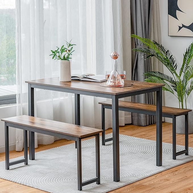 KOTEK Dining Table Set for 4, Modern Kitchen Table Set with 2 Benches, 3 Piece Dining Table and Bench Set for Small Space, 4-Person Dinette Set for Kitchen, Dining Room (Brown) - LeafyLoom