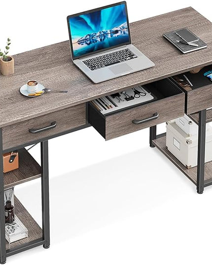 ODK Office Small Computer Desk: Home Table with Fabric Drawers & Storage Shelves, Modern Writing Desk, Grey Oak, 48"x16" - LeafyLoom