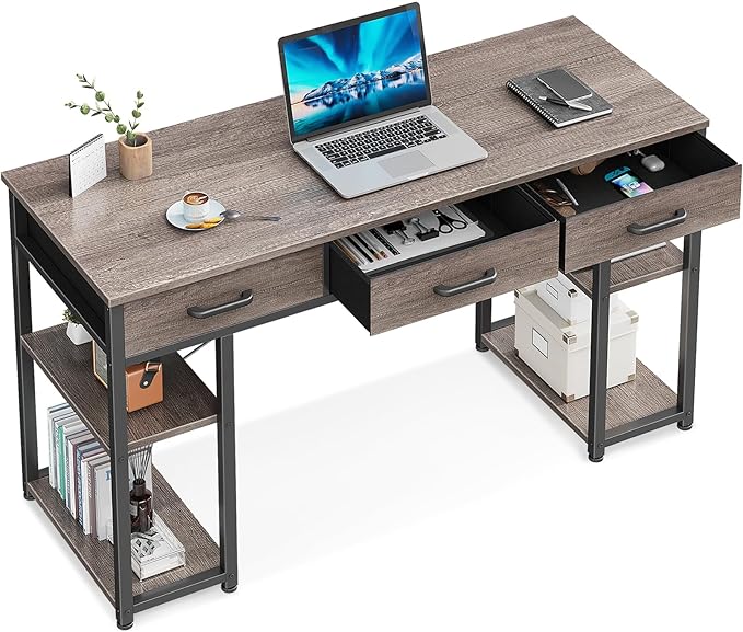 ODK Office Small Computer Desk: Home Table with Fabric Drawers & Storage Shelves, Modern Writing Desk, Grey Oak, 48"x16" - LeafyLoom