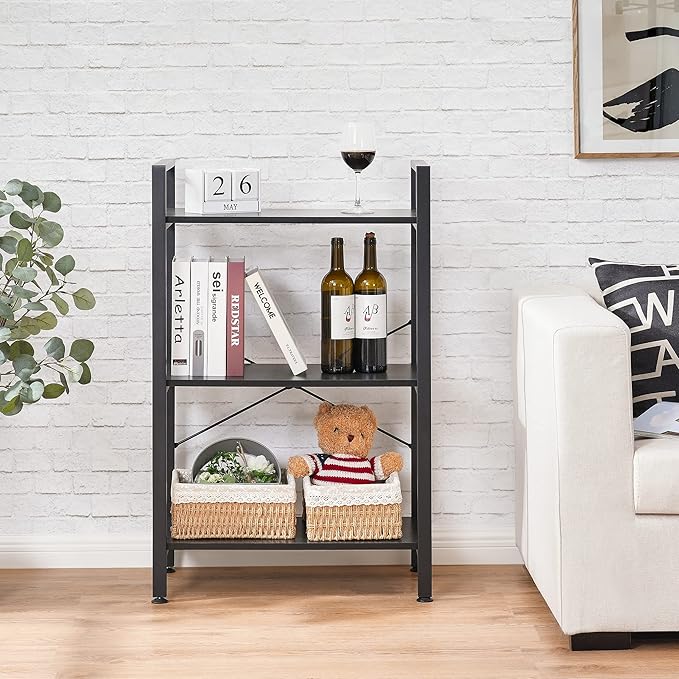 BEWISHOME 3 Tier Bookshelf, Modern Small Book Shelf for Small Spaces, Black Wooden Shelves for Bedroom Living Room and Home Office, 13.78" D x 24.12" W x 37.09" H, JCJ42B - LeafyLoom
