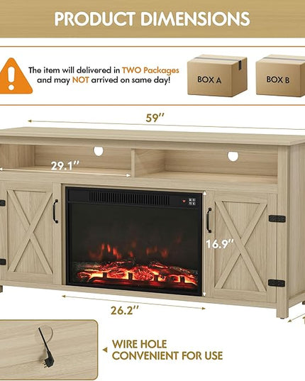 YESHOMY Fireplace TV Stand for Television up to 65+ Inch with Storage and Farmhouse Barn Doors, Entertainment Center with Cabinet and Shelves, Media Console for Living Room, Oak - LeafyLoom
