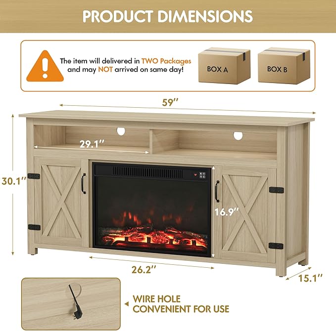 YESHOMY Fireplace TV Stand for Television up to 65+ Inch with Storage and Farmhouse Barn Doors, Entertainment Center with Cabinet and Shelves, Media Console for Living Room, Oak - LeafyLoom