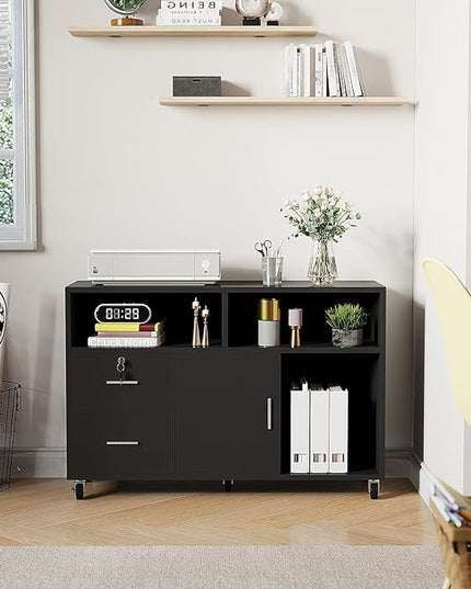YITAHOME Wood File Cabinet, 2 Drawer Mobile Lateral Storage Cabinet Printer Stand with Lock and Open Storage Shelves for Home Office, Black,Drawers without Hanging Bars - LeafyLoom