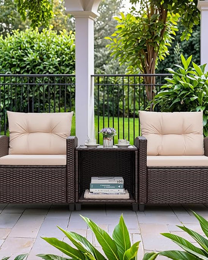 Greesum 3 Pieces Patio Furniture Sets Outdoor PE Rattan Wicker Chairs with Soft Cushion and Glass Coffee Table for Garden Backyard Porch Poolside, Beige - LeafyLoom