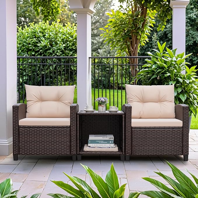 Greesum 3 Pieces Patio Furniture Sets Outdoor PE Rattan Wicker Chairs with Soft Cushion and Glass Coffee Table for Garden Backyard Porch Poolside, Beige - LeafyLoom