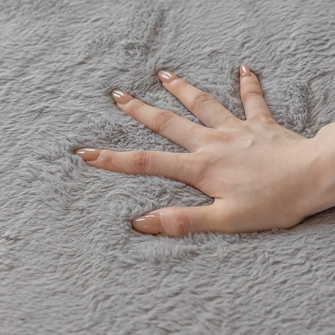 Faux Rabbit Fur Rug - 1.18" Thick Soft Fluffy Area Rug, Non-Slip Memory Foam Crawling Mat, Light Gray, 59"x59" - LeafyLoom