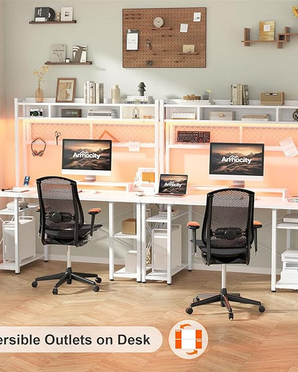 armocity 2024 Upgrade Gaming Desk with Hutch, 48'' Magic Computer Desk with LED Lights and Outlets, Reversible Workstation Desk with Pegboard and Monitor Stand, 48 Gamer Desk PC Table, White - LeafyLoom