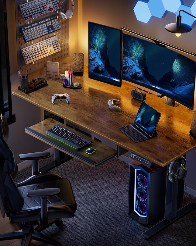 ErGear Electric Standing Desk with Keyboard Tray, 55x28 Inches Adjustable Height Sit Stand Up Desk, Home Office Desk Computer Workstation,Vintage Brown - LeafyLoom