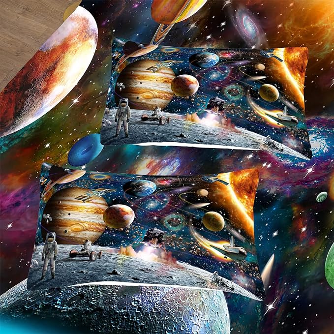 Tailor Shop Universe Galaxy Comforter Set for Girls Boys Kids Galaxy The Planet The Earth Astronaut Stars Outer Space Bedding Set King Size with 1 Comforter 2 Pillowcases - LeafyLoom