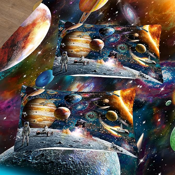 Tailor Shop Universe Galaxy Comforter Set for Girls Boys Kids Galaxy The Planet The Earth Astronaut Stars Outer Space Bedding Set Full Size with 1 Comforter 2 Pillowcases,18……… - LeafyLoom