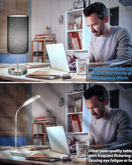 Black Touch Control Table Lamp Set of 2, with 2 USB Charging Ports&AC Outlet, 3-Way Dimmable Bedside Nightstand Lamps with Fabric Lampshade for Reading, Bedroom, Living Room, A19 LED Bulbs Included - LeafyLoom