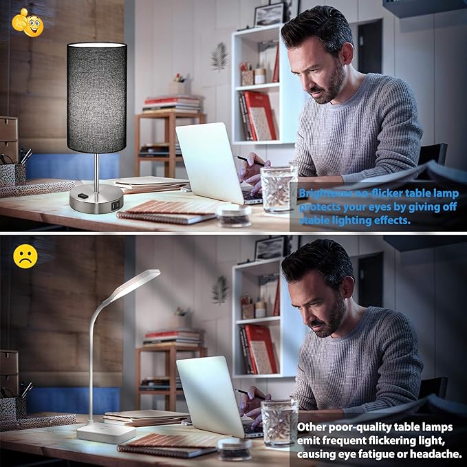 Black Touch Control Table Lamp Set of 2, with 2 USB Charging Ports&AC Outlet, 3-Way Dimmable Bedside Nightstand Lamps with Fabric Lampshade for Reading, Bedroom, Living Room, A19 LED Bulbs Included - LeafyLoom