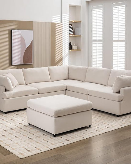Modern 3 Seater Sofa with Removable Back and Seat Cushions, Linen Upholstered Sectional Couch w/ 4 Pillows & Sturdy Wood Legs for Living Room, Apartment, Office, 91 Inch, 152.8inch, Beige-5 - LeafyLoom