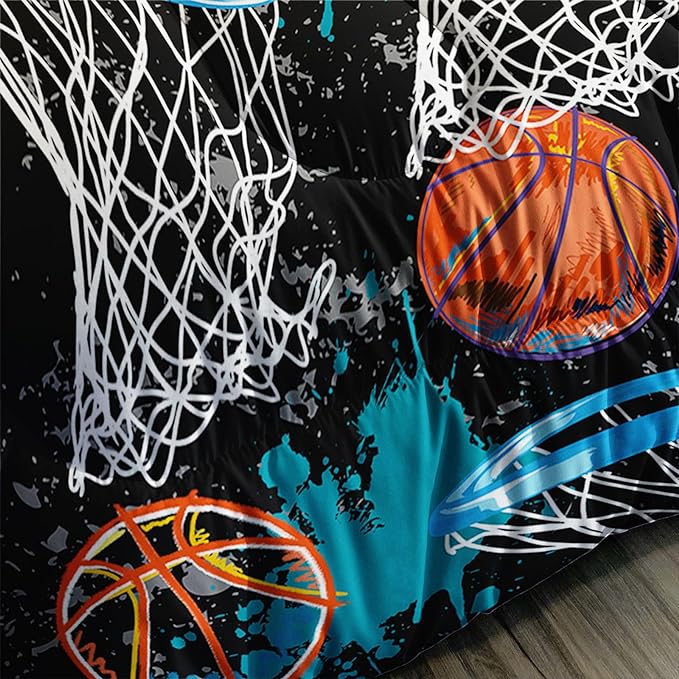 Axolotl Basketball Comforter Set Queen,Sports Comforter Set,Basketball Bedding Set,Sports Theme Comforter Set,Grunge Bedding Aesthetic Cool Style for Boys Kids Men,1 Quilt 2 Pillowcases,Black Blue - LeafyLoom