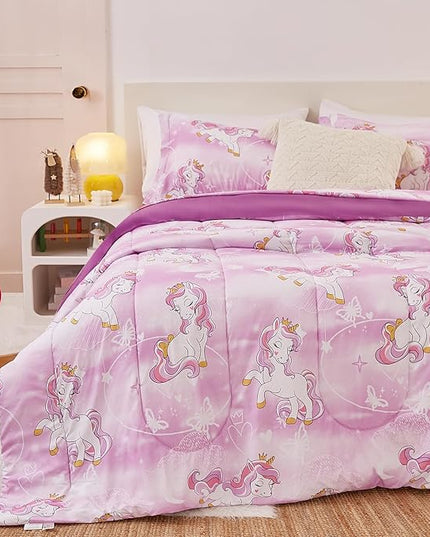 Unicorn Kids Comforter Set for Girls Twin, Cute Reversible Quilted Lavender Printed Bedding Set with Pillow Sham, Lightweight Soft Breathable Machine Washable Bed Set 2 Piece - LeafyLoom