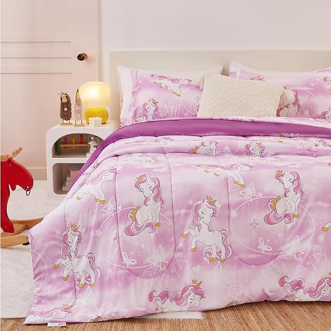 Unicorn Kids Comforter Set for Girls Full Size, Cute Reversible Quilted Lavender Printed Bedding Set with Pillow Sham, Lightweight Soft Breathable Machine Washable Bed Set 3 Piece - LeafyLoom