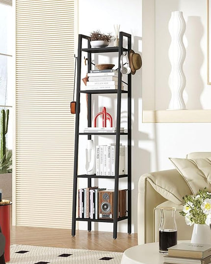 YMYNY 5 Tiers Ladder Bookcase, Industrial Narrow Bookshelf, Open Display Rack with 4 S Hooks, Metal Storage Shelves for Bedroom, Home Office, Living Room, Black, 63H*13.4L*11.8W, UHBC025B - LeafyLoom