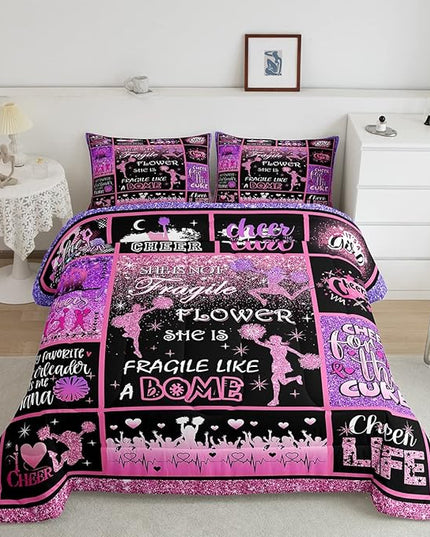 Cheerleading Comforter Set Cheer Gifts,Cheerleader Loves Bedding Set for Kids Girls Teens Adult,Cheer Pink (no real) Sequins Quilt Set Full Geometric Plaid Patchwork Duvet Insert with 2 Pillowcases - LeafyLoom