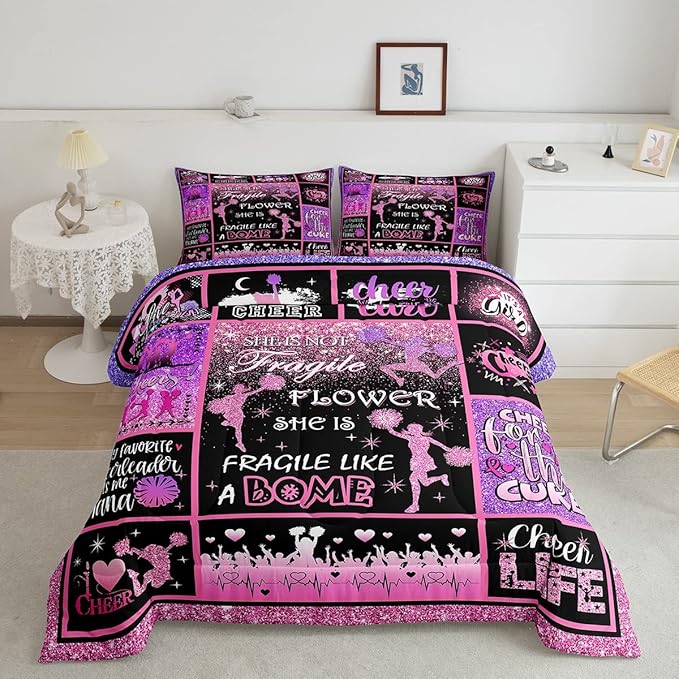 Cheerleading Comforter Set Cheer Gifts,Cheerleader Loves Bedding Set for Kids Girls Teens Adult,Cheer Pink (no real) Sequins Quilt Set Queen Geometric Plaid Patchwork Duvet Insert with 2 Pillowcases - LeafyLoom