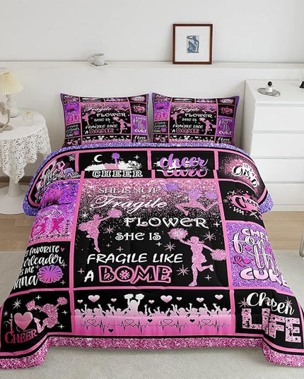 Cheerleading Comforter Set Cheer Gifts,Cheerleader Loves Bedding Set for Kids Girls Teens Adult,Cheer Pink (no real) Sequins Quilt Set King Geometric Plaid Patchwork Duvet Insert with 2 Pillowcases - LeafyLoom