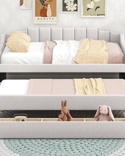 Merax Twin Size Upholstered Daybed with Trundle and Three Storage Drawers, Comfy Sofa-Bed & Padded Backrest for Living Room, Guest Room, Apartments, Both Side Armrests, Solid Wood Slats Support, Beige - LeafyLoom