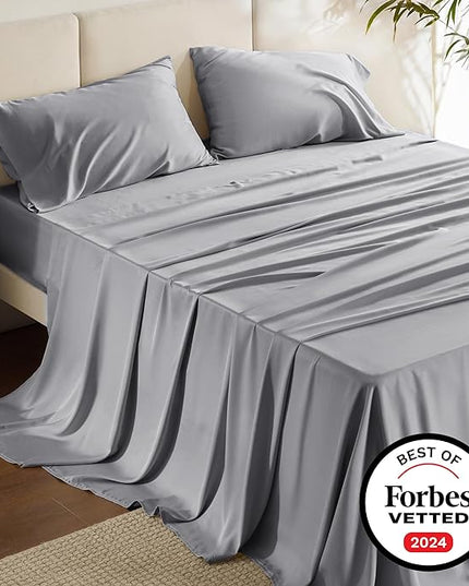 Bedsure King Size Sheet Set, Cooling Sheets King, Rayon Derived from Bamboo, Deep Pocket Up to 16", Breathable & Soft Bed Sheets, Hotel Luxury Silky Bedding Sheets & Pillowcases, Silver Grey - LeafyLoom