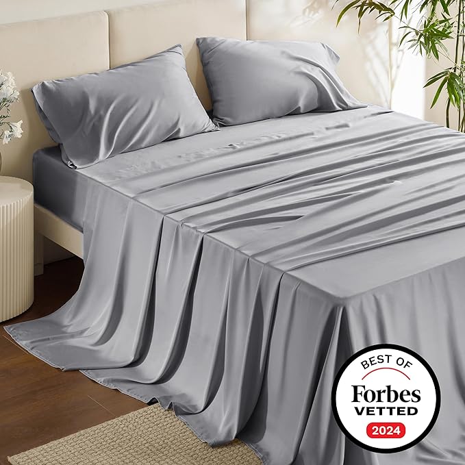 Bedsure King Size Sheet Set, Cooling Sheets King, Rayon Derived from Bamboo, Deep Pocket Up to 16", Breathable & Soft Bed Sheets, Hotel Luxury Silky Bedding Sheets & Pillowcases, Silver Grey - LeafyLoom